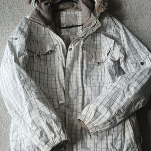 Planet earth White Plaid Snowboard Ski Jacket Mens Size Large Parka Double Lyr
